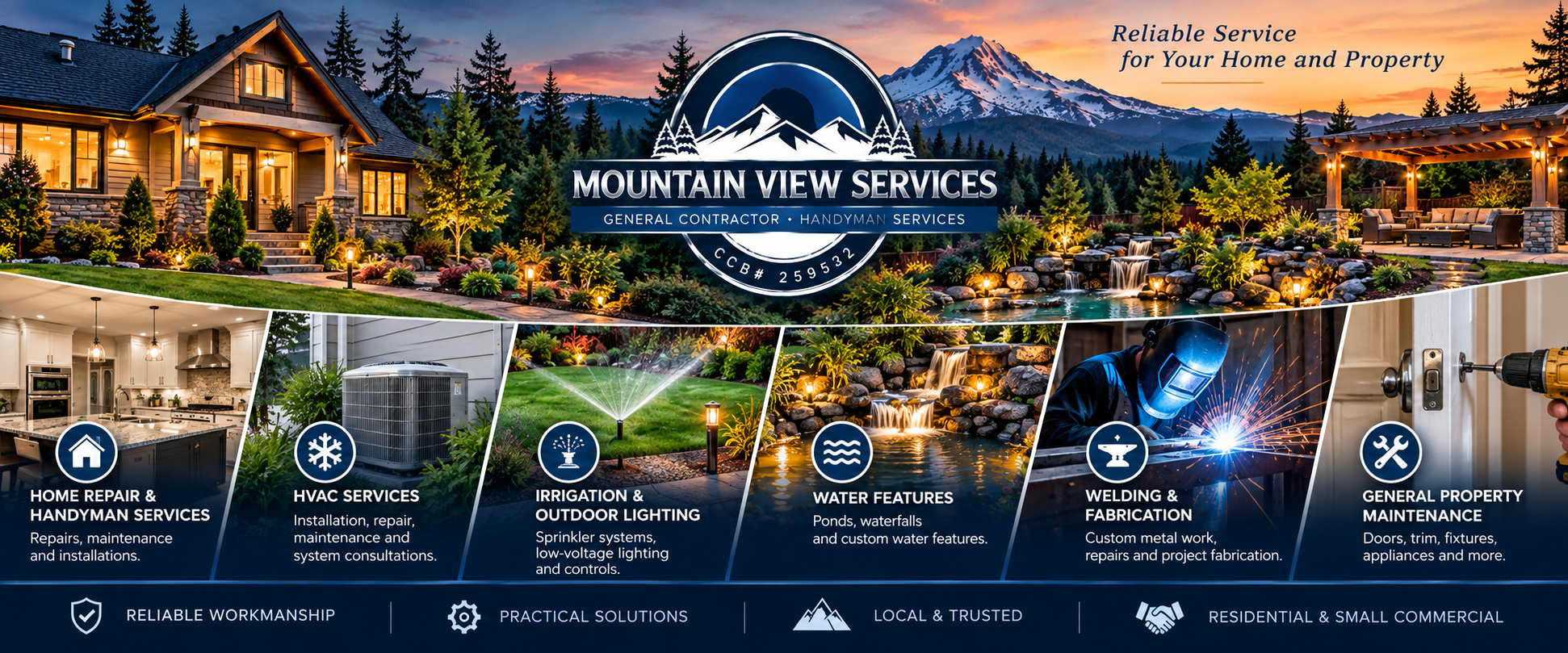 Mountain View Services overview showing home repair and handyman services, HVAC, irrigation and outdoor lighting, water features, welding and fabrication, and general property maintenance