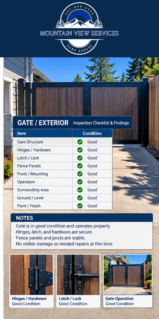 Sample Mountain View Services property condition report for Exterior / Gate