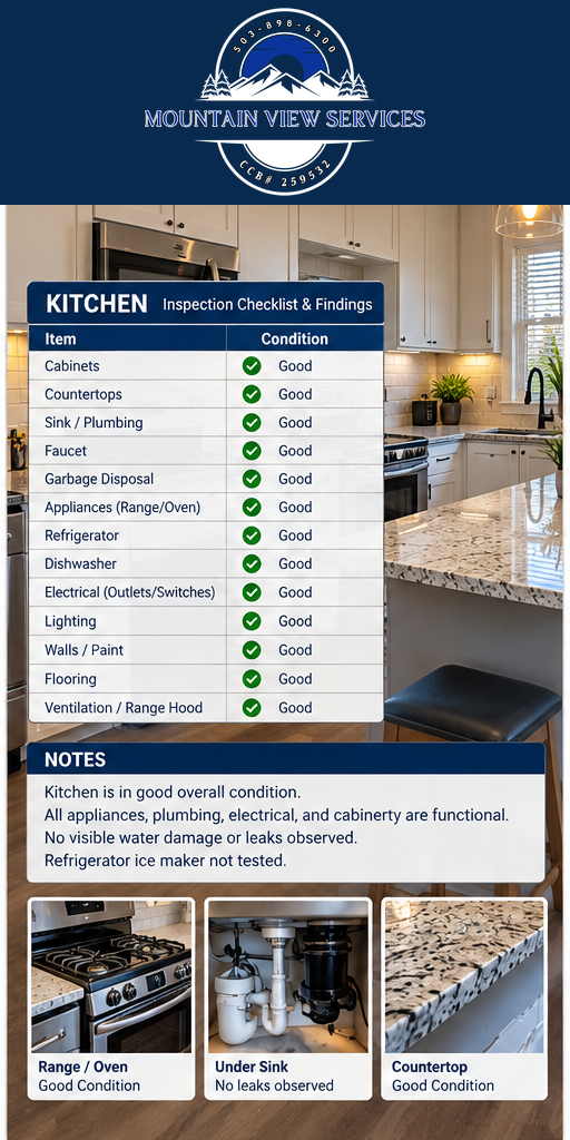 Sample Mountain View Services property condition report for Kitchen